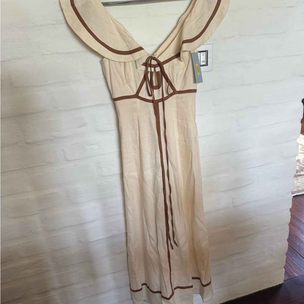 Cream Maxi Chemise with Brown Trim and Tie-Front